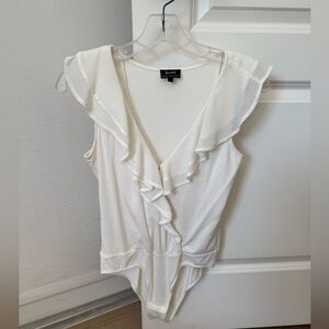 Bardot White Ruffle V-Neck Sleeveless Bodysuit